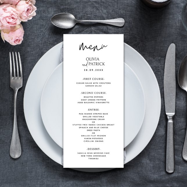 Menu Casamento Preto e Branco Simples Moderno Minimalis (Black and white minimalist wedding menu showcases your meal with clean, modern elegance.)