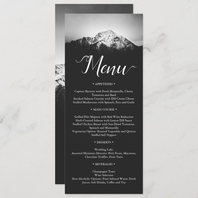 Menu Casamento preto e branco sob as montanhas (Frente/Verso)