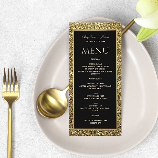 Menu Casamento Preto e Elegante Brilho Dourado (Criador carregado)