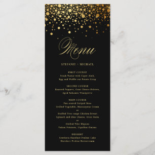 Menu Casamento Preto Elegante Faux Gold Foil Confetti