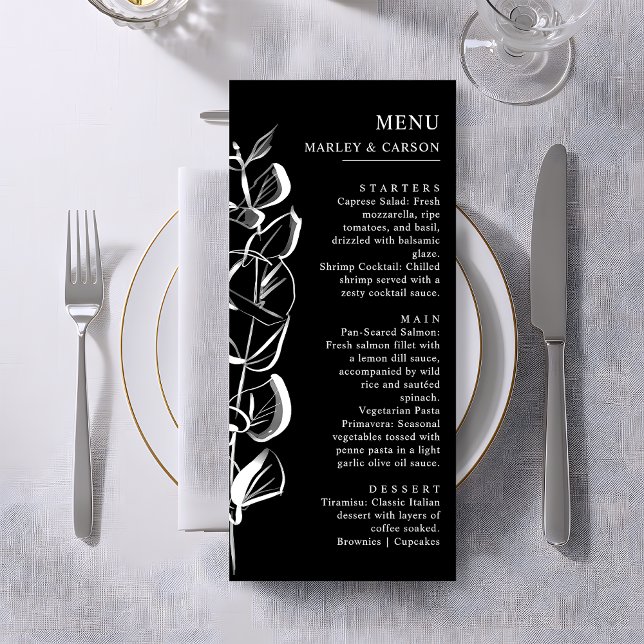 Menu Casamento Preto Eucalyptus Sprig Sleek Desenhado À (Criador carregado)