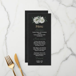 Menu casamento preto romântico de flores brancas verdes