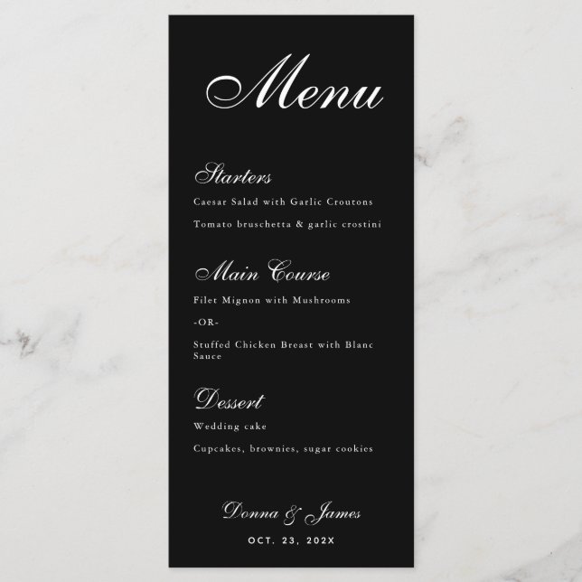 Menu Casamento Preto Simples Letra Branca Caligrafia  (Frente)