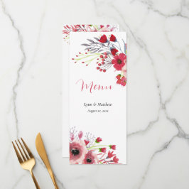 Menu Casamento primavera Watercolor Flores Vermelhos Pó
