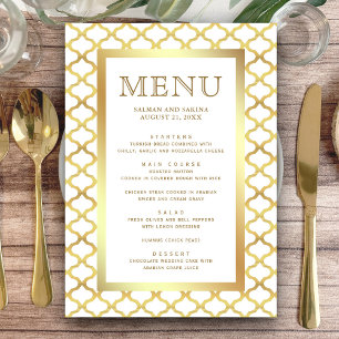 Menu Casamento Quatrefoil Marroquino Branco e Dourado