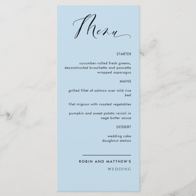 Menu Casamento/Recepção de Caligrafia Azul Elegante (Frente)