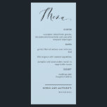 Menu Casamento/Recepção de Caligrafia Azul Elegante<br><div class="desc">Casamento azul empoeirado ou cartão de menu de recepção jante. Design contemporâneo, simples e elegante com uma bela caligrafia escrita à mão. Cor de fundo frontal e traseira em tom azul empoeirado. Capacidade de alterar as cores frontal e/ou de fundo selecionando "personalizar mais". Design disponível em uma variedade de opções...</div>