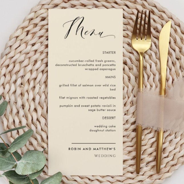Menu Casamento/Recepção de Caligrafia Elegante Beige (Criador carregado)
