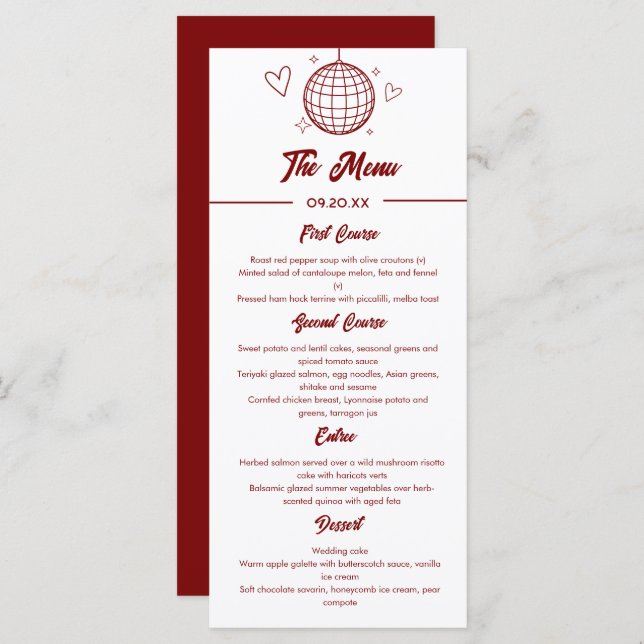 Menu Casamento Red Retro Groovy Disco 70s (Frente/Verso)