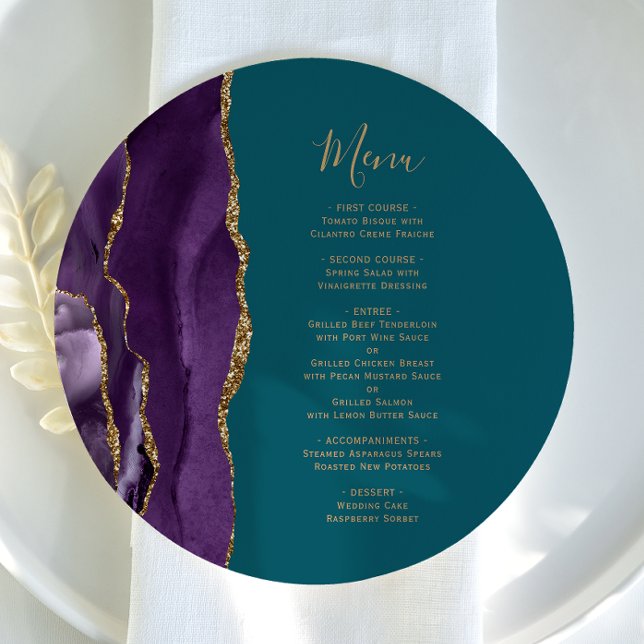 Menu Casamento Redondo Roxo Dourado Ágata Verde-água (Criador carregado)