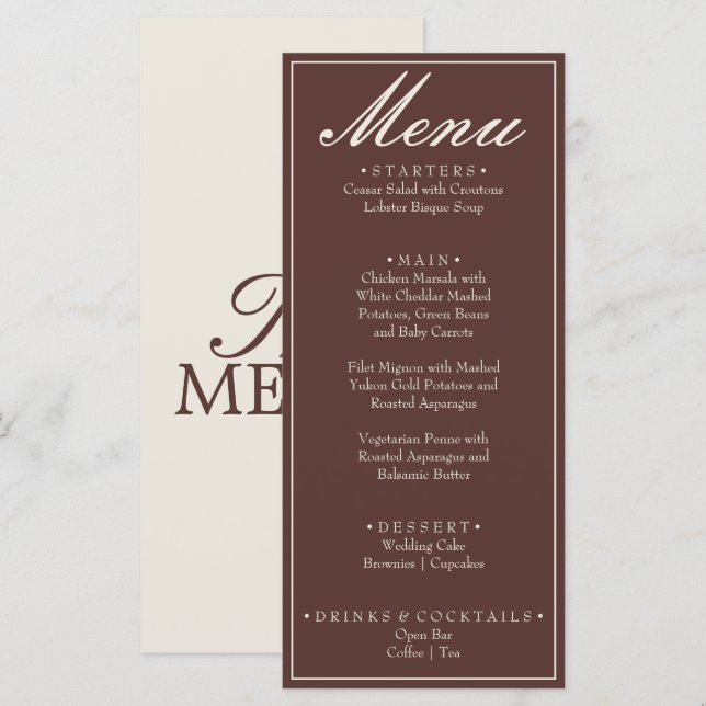 Menu Casamento Retro de Chocolate Marrom Antigo Dinheir (Frente/Verso)