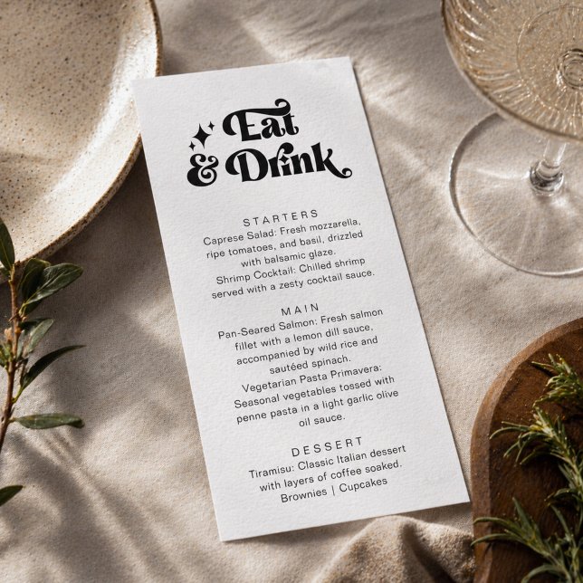Menu Casamento Retro Moderno Preto Branco Comer e Beber (Criador carregado)