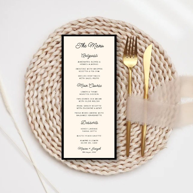 Menu Casamento Retro Preto e Marfim (Retro black and ivory wedding menu brings timeless elegance to your reception tables.)