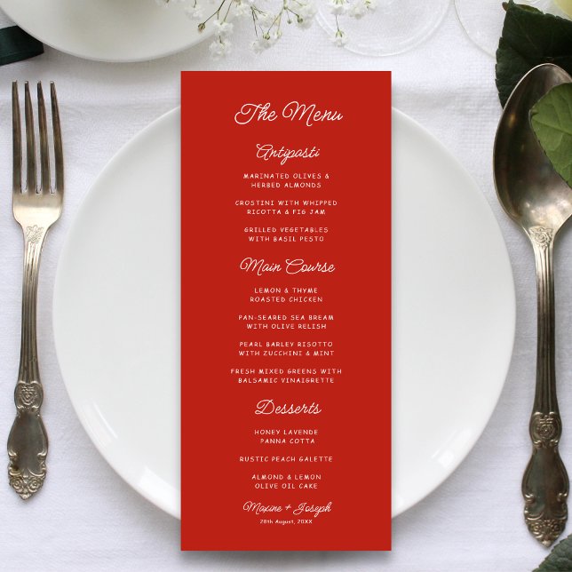 Menu Casamento Retro Vermelho e Branco (Retro red and white wedding menu adds vintage charm and a memorable dining touch.)