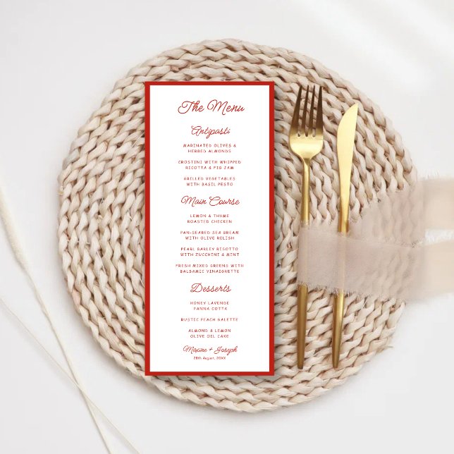 Menu Casamento Retro Vermelho e Branco (Retro red and white wedding menu adds vintage charm and stylish table appeal.)