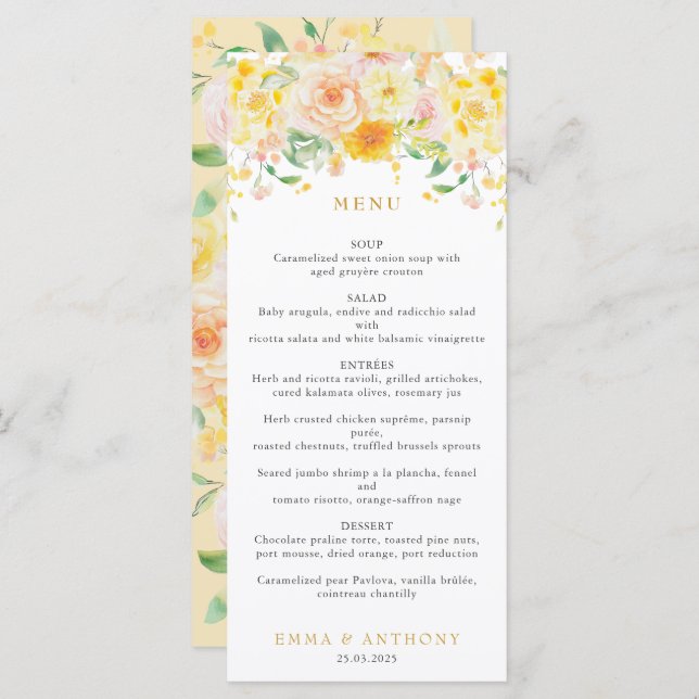 Menu Casamento Romântico Amarelo-Amarelo-Floral-Aquarel (Frente/Verso)