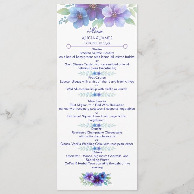 Menu Casamento Romântico de Cor Azul Botânica Romântica (Frente)