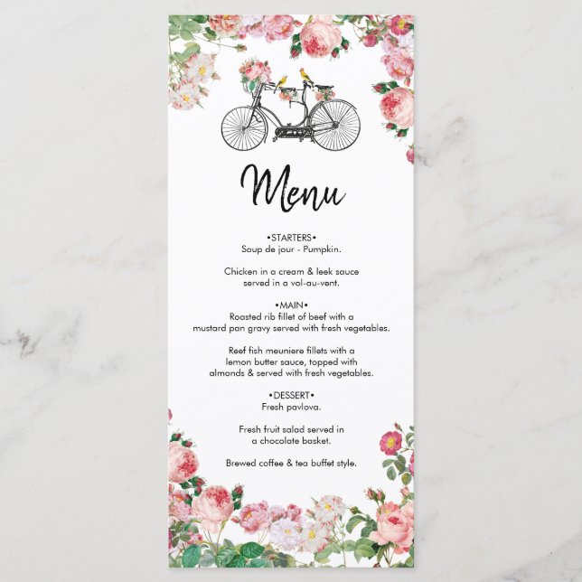 Menu Casamento Romântico de Flores de Bicicletas e Aves (Frente)