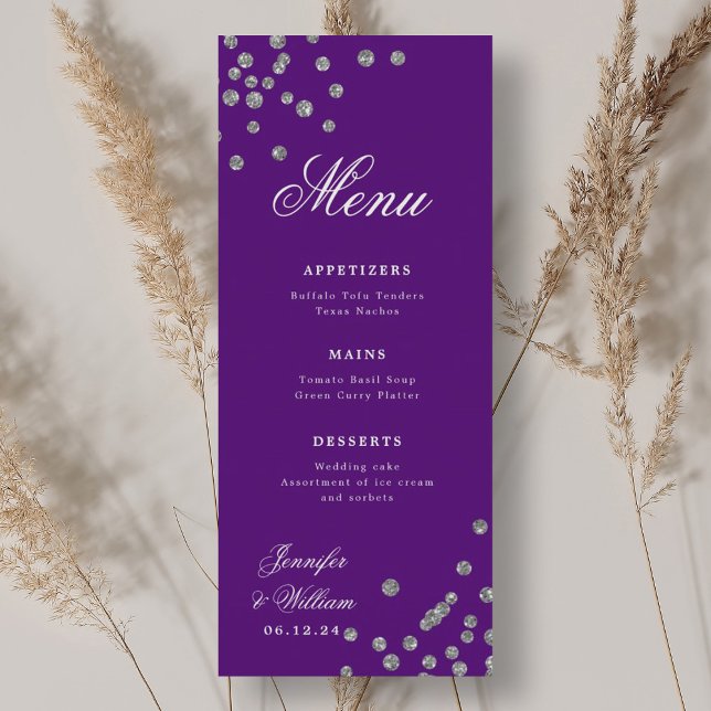 Menu Casamento Romântico de Script Confetti Prata Roxo (Romantic Script Wedding Confetti Silver Purple Menu)