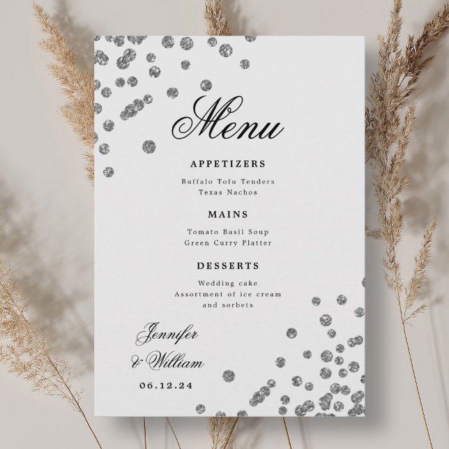 Menu Casamento Romântico de Script Confetti Silver (Romantic Script Wedding Confetti Silver Menu)