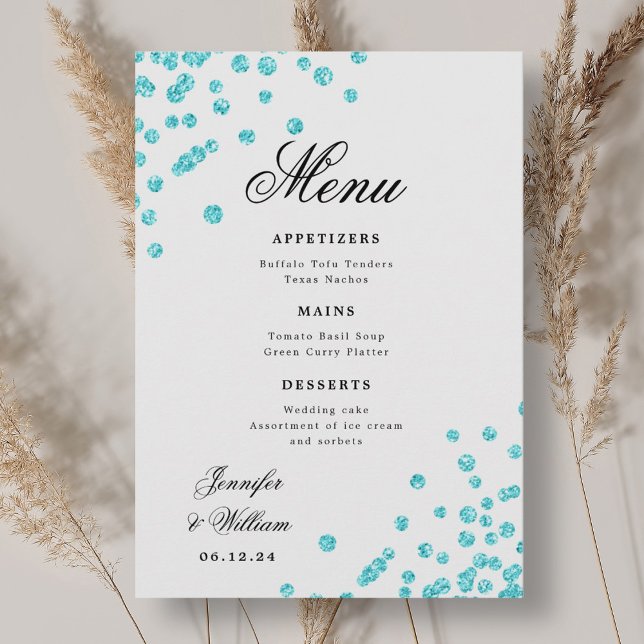 Menu Casamento Romântico de Script Confetti Turquoise (Romantic Script Wedding Confetti Turquoise Menu)