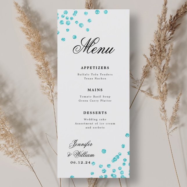 Menu Casamento Romântico de Script Confetti Turquoise (Romantic Script Wedding Confetti Turquoise Menu)