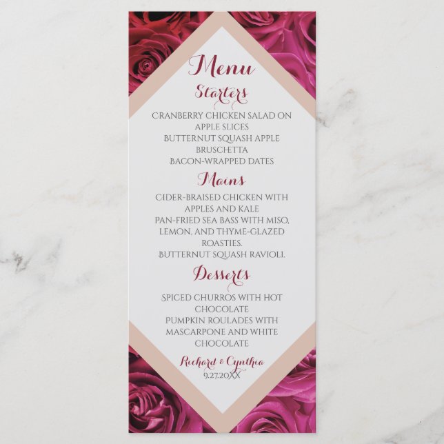 Menu Casamento Romântico Elegante Blush Roses Rosa (Frente)