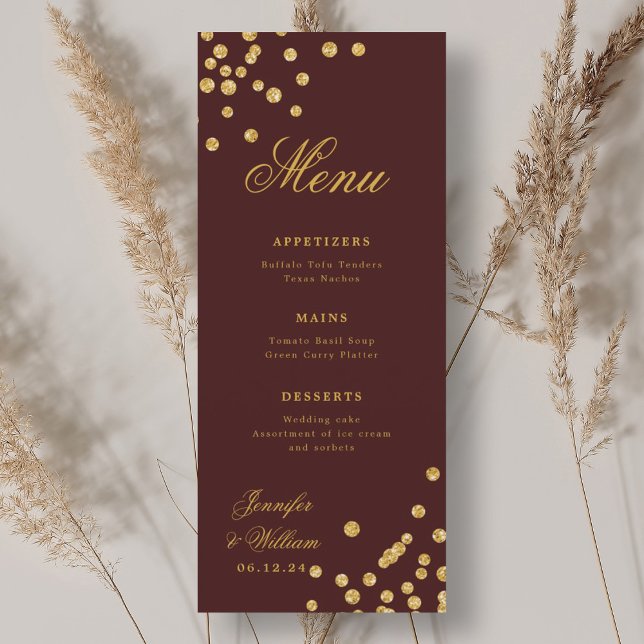 Menu Casamento Romântico Elegante Confetti Dourado Burg (Elegant Romantic Wedding Confetti Gold Burgundy Menu)