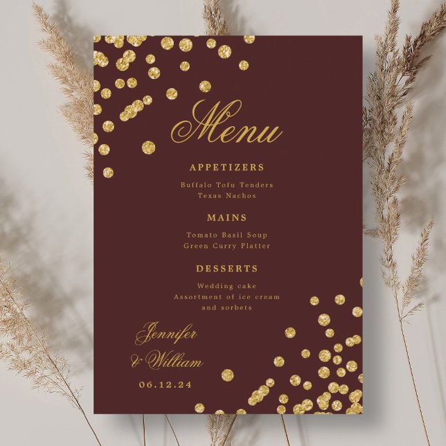 Menu Casamento Romântico Elegante Confetti Dourado Burg (Elegant Romantic Wedding Confetti Gold Burgundy Menu)