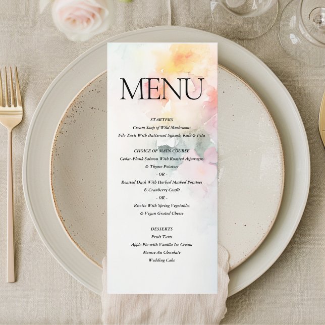 Menu Casamento Romântico Elegante de Aquarela Floral (Criador carregado)