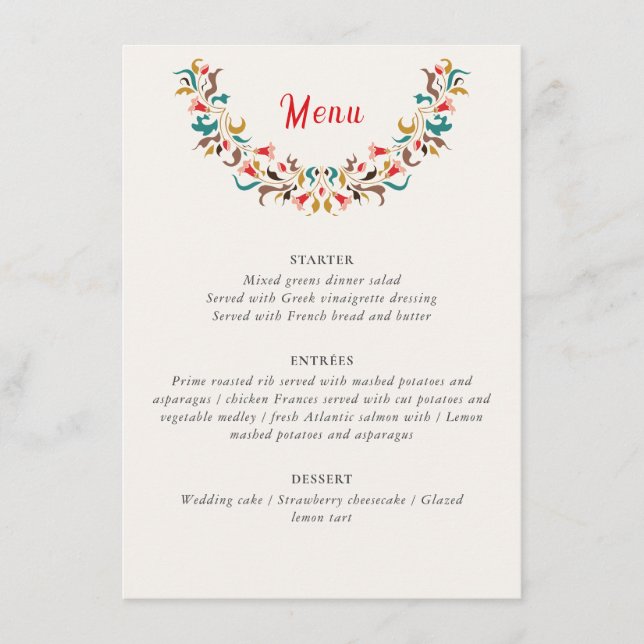 Menu Casamento Romântico Elegante Floral Wreath Moderno (Frente)