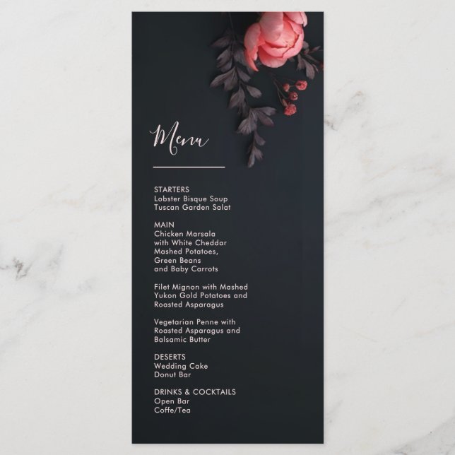 Menu Casamento Romântico Escuro com Flores 3D Rosa (Frente)