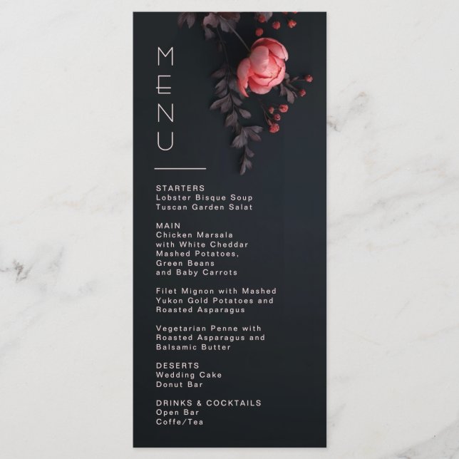 Menu Casamento Romântico Escuro com Flores 3D Rosa (Frente)