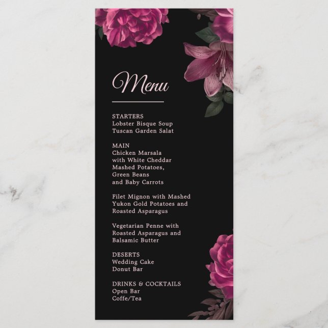Menu Casamento Romântico Escuro com Rosas Desenhadas à  (Frente)