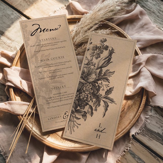 Menu Casamento Romântico Floral Vintage Kraft Rústico (Rustic Kraft and Black vintage floral bouquet 4x9 monogram botanical wedding reception dinner menu)