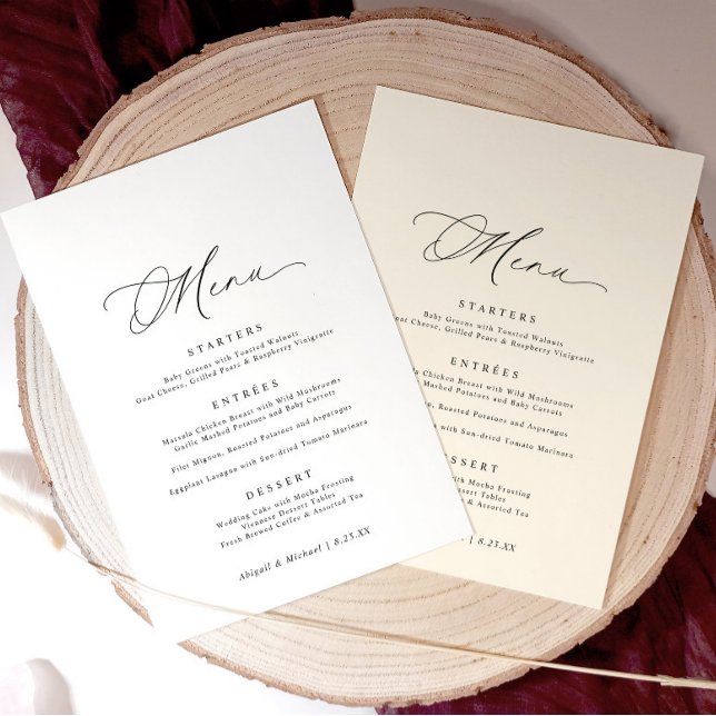 Menu Casamento Romântico Moderno com Caligrafia Delicad (5x7 wedding menu with calligraphy and space for name tags—perfect for personal place settings.)