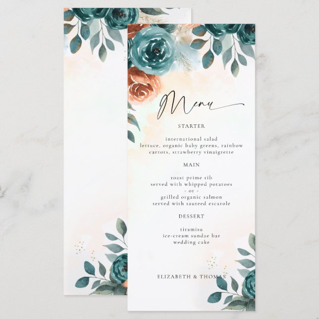 Menu Casamento Romântico Outonal Azul Turquesa Laranja  (Frente/Verso)
