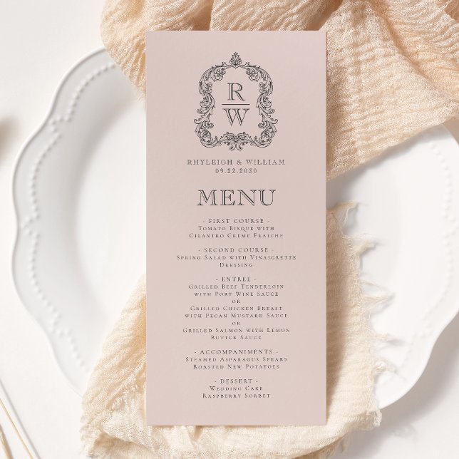 Menu Casamento Rosa Bege com Crista de Monograma Elegan (Criador carregado)