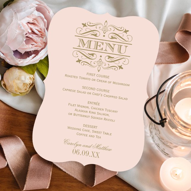 Menu Casamento Rosa Bege Vintage e Dourado Antigo (Criador carregado)