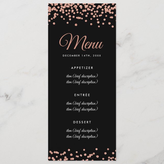 Menu Casamento Rosa Dourado Faux Glitter Confetti  (Frente)
