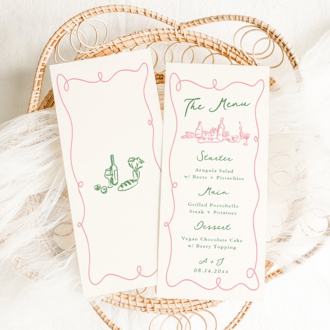 Menu Casamento Rosa E Verde Desenhado Mão Branca (Criador carregado)