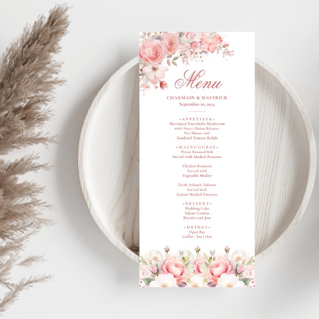 Menu Casamento Rosa Floral Elegante (Criador carregado)