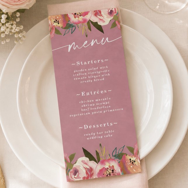 Menu Casamento Rosa Selvagem Chic em Flor (Elegant wild rose pink floral reception or event dinner menus)