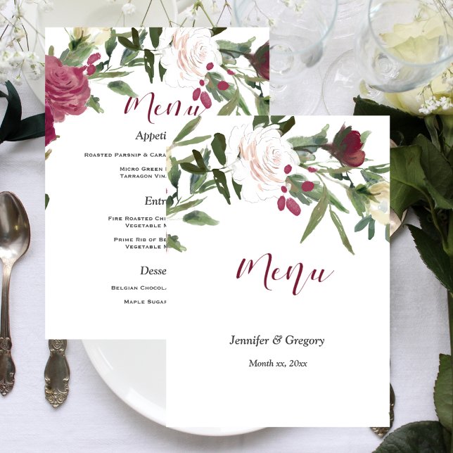Menu Casamento Rosas Brancas com Amoreira (Wedding Menu Watercolor White Roses with Cranberry Flowers)