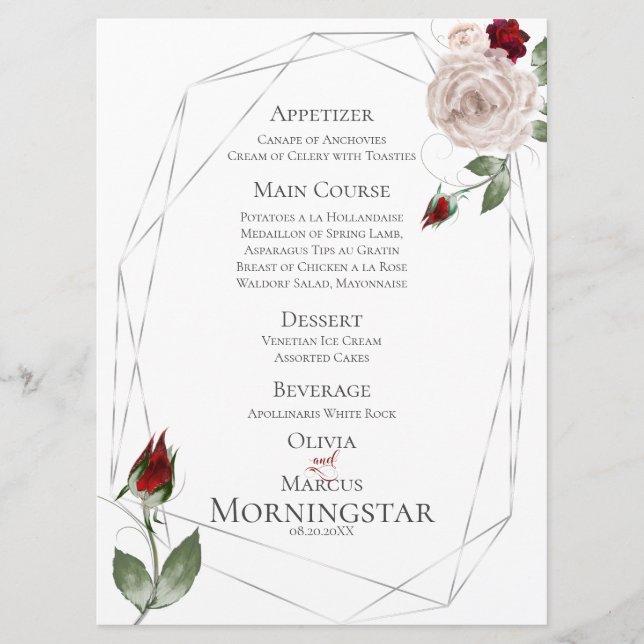 Menu Casamento | Rosas de cor de água para blush e (Frente)