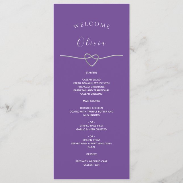 Menu Casamento Roxo com Nome e Coração Prateado (Frente)