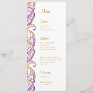 Menu Casamento roxo e Dourado de Paisley do indiano