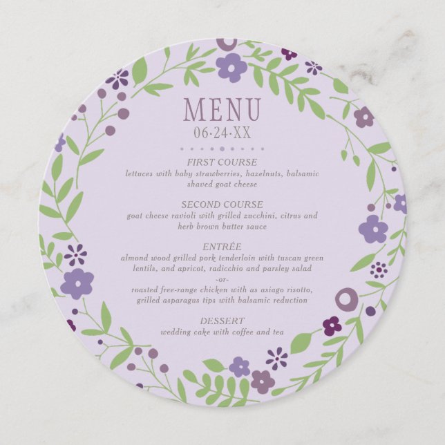 Menu Casamento Roxo e Verdes Florais (Frente)