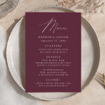 Menu Casamento Roxo Elegante Moderno<br><div class="desc">Menu de casamento simples e elegante com "Menu" exibido em um roteiro branco moderno com fundo roxo ou cor de sua escolha. Personalize o menu do casamento roxo adicionando seus nomes, data do casamento e informações do menu. Projetado para coordenar com a nossa coleção de casamento do Modern Elegance.</div>