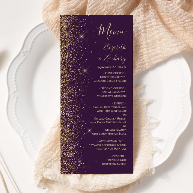Menu Casamento Roxo Escuro com Brilho Dourado Moderno (Criador carregado)